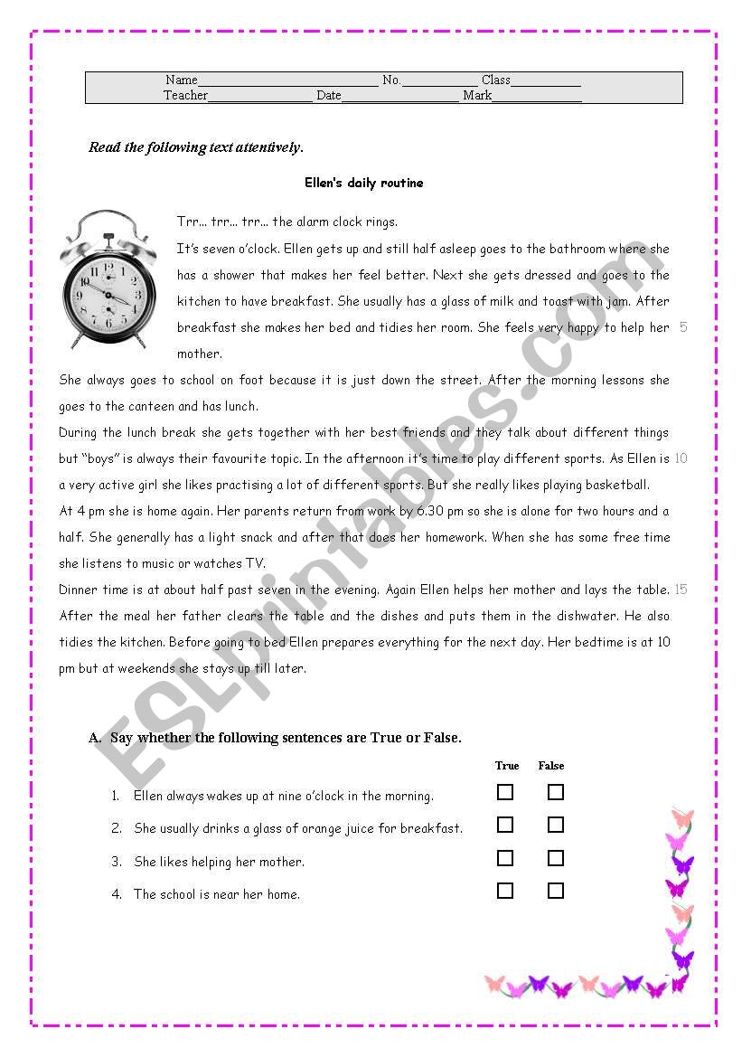 ELLEN`S DAILY ROUTINE worksheet